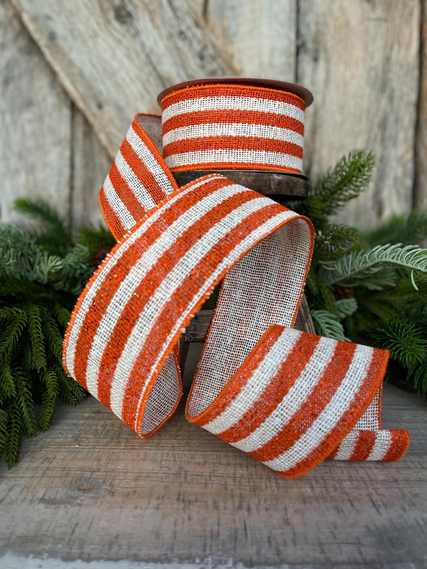 2.5" Orange White Scarecrow Stripes Ribbon, Farrisilk Ribbon, Fall Ribbon, Halloween Ribbon, Wired Ribbon, RS097-52