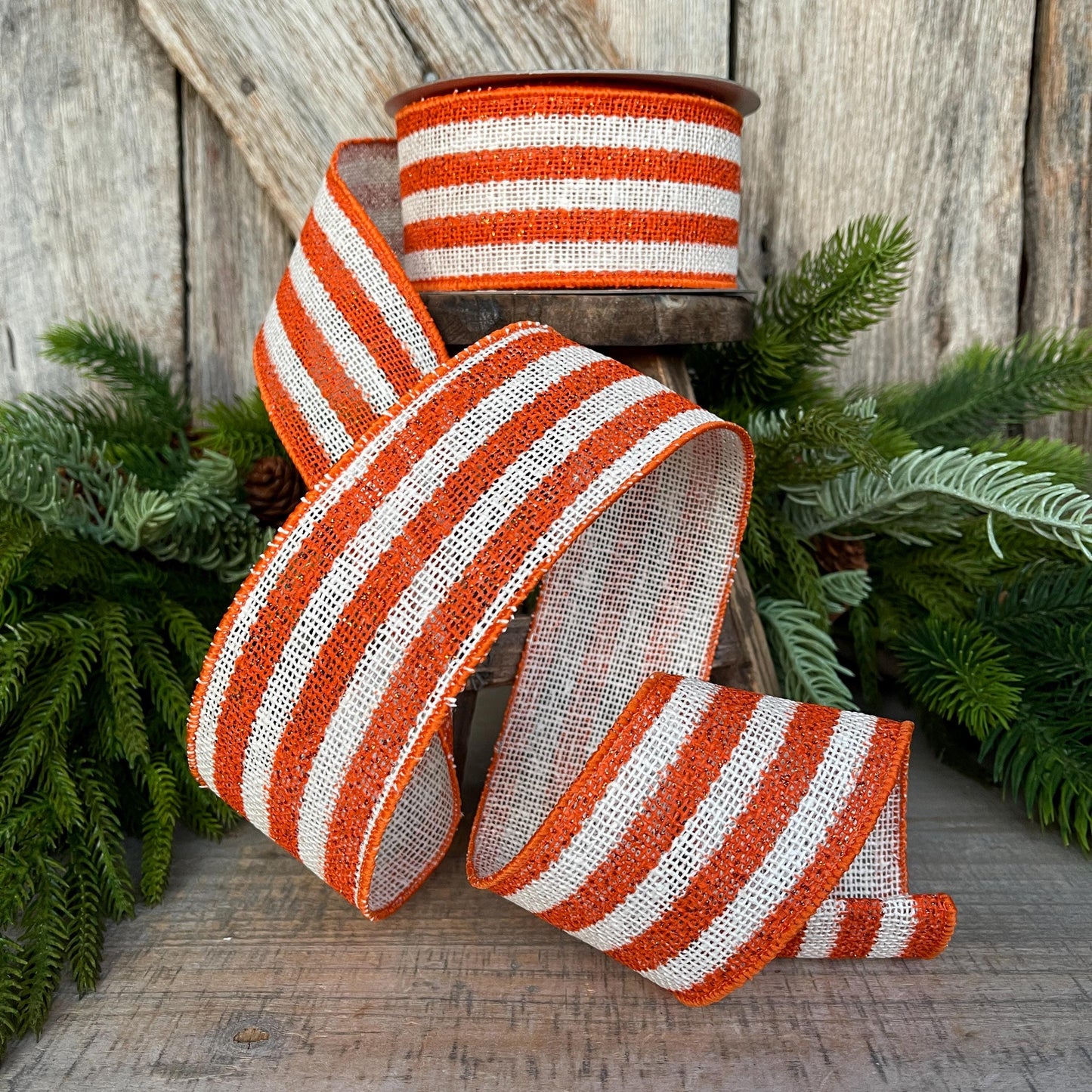 2.5" Orange White Scarecrow Stripes Ribbon, Farrisilk Ribbon, Fall Ribbon, Halloween Ribbon, Wired Ribbon, RS097-52