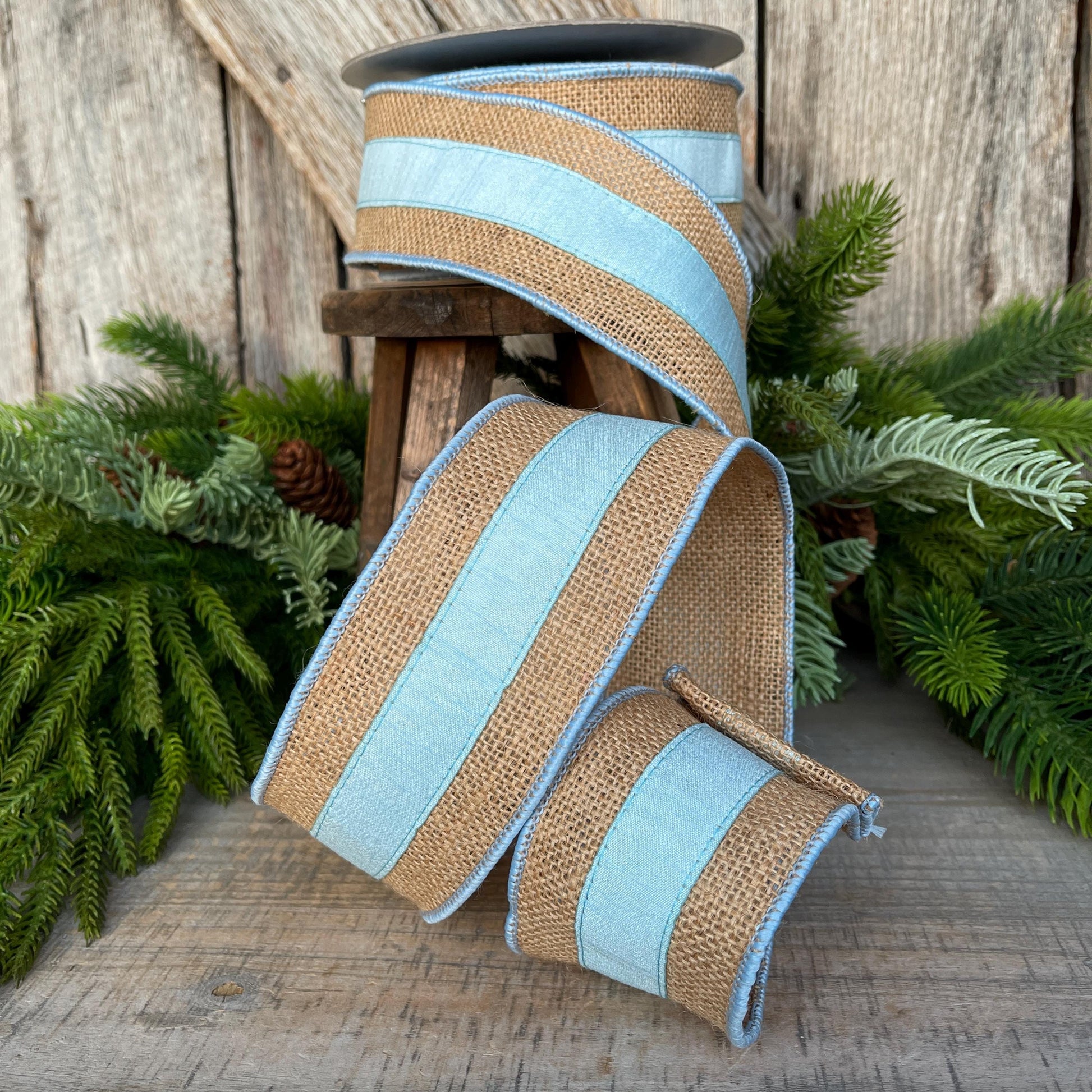 2.5" Light Blue Burlap Border Ribbon, Farrisilk Ribbon, Wired Ribbon
