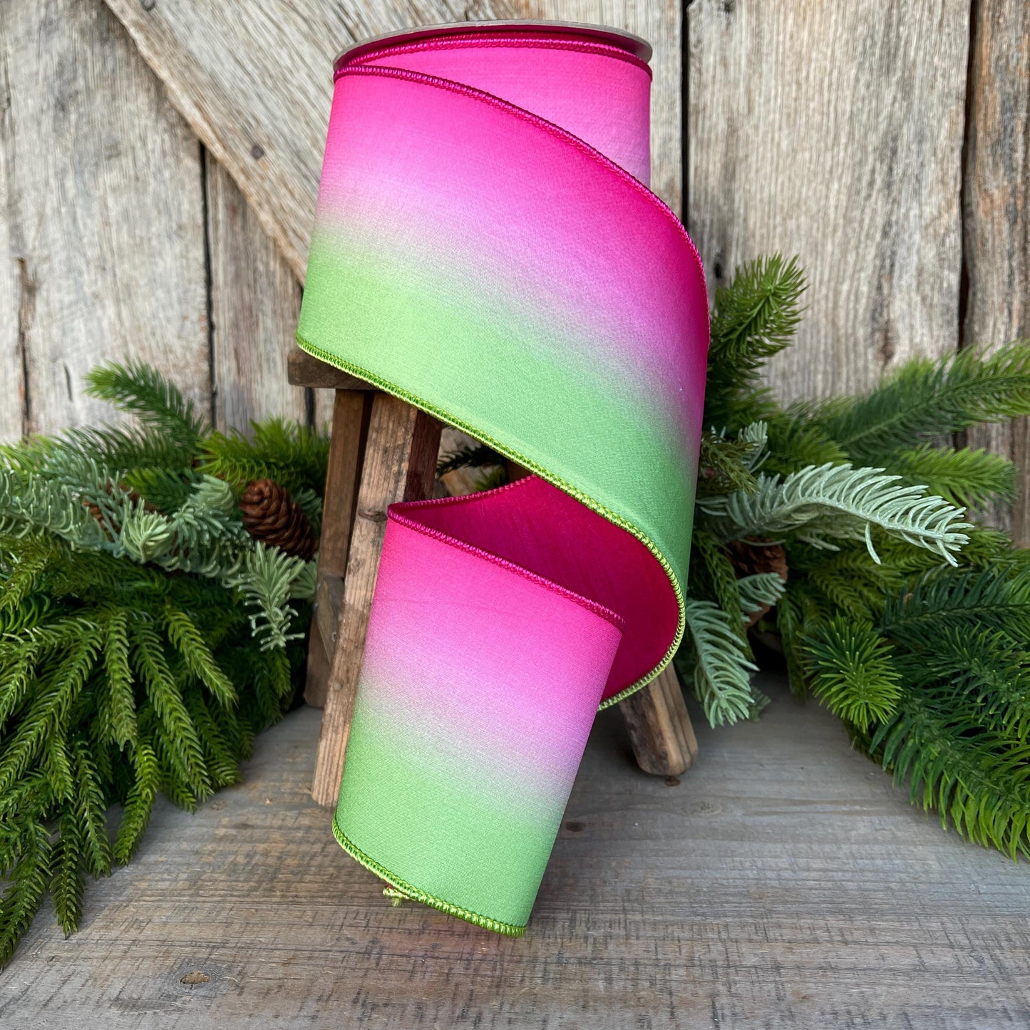 4" Pink Lime Green Vibrant Horizon Ribbon, Farrisilk RIbbon, Wired RIbbon