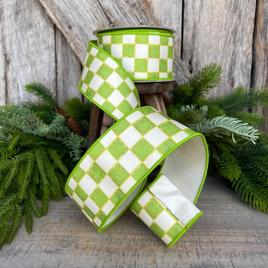 2.5" Lime Green Check Ribbon, Wired Ribbon, Farrisilk Ribbon, Lime Green White Check Ribbon, SR008-61