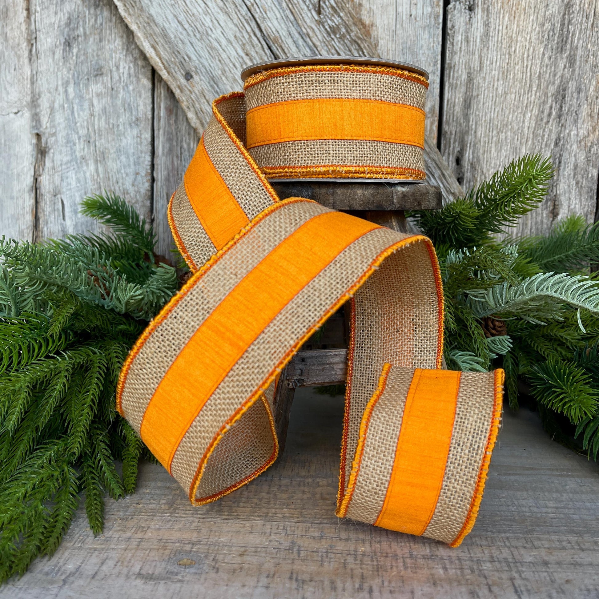 2.5" Orange Burlap Border Ribbon, Farrisilk Ribbon, Wired Ribbon, Fall Ribbon, Orange Ribbon, Halloween, Burlap Ribbon, SR094-52