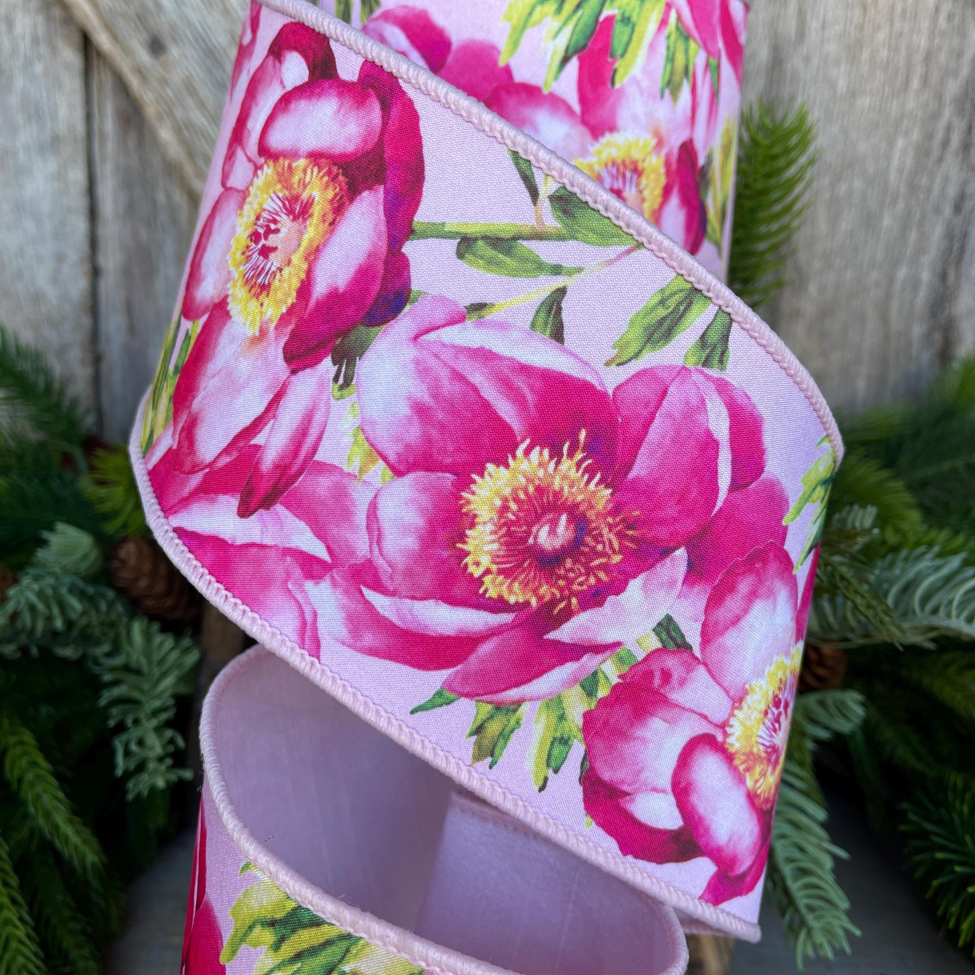 4" Spring Poppies ribbon, Farrisilk Ribbon, Pink Poppy Ribbon, Red Ribbon, Wired RIbbon, Designer RIbbon, SR070-22