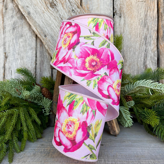 4" Spring Poppies ribbon, Farrisilk Ribbon, Pink Poppy Ribbon, Red Ribbon, Wired RIbbon, Designer RIbbon, SR070-22