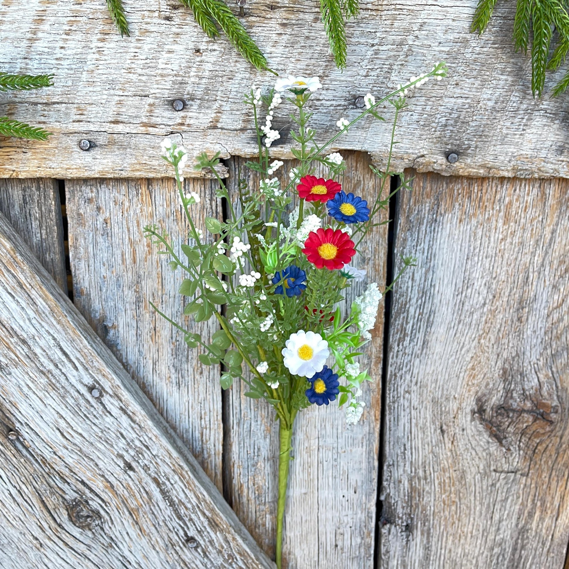 18" Patriotic Flowering Bush, Artificial Floral Bush, Red White Blue Floral