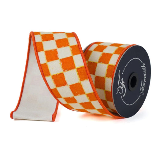 2.5" Orange Gallery Checker Ribbon, Wired Ribbon, Farrisilk Ribbon, Orange White Check Ribbon, SR008-52