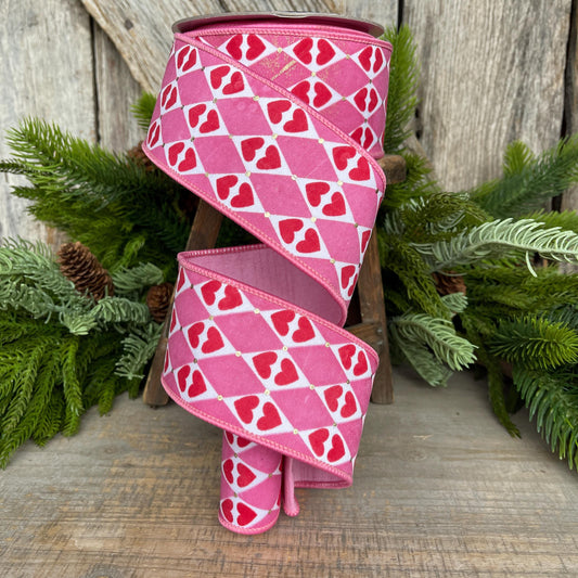 2.5" Heart Valentine Ribbon, Farrisilk Ribbon, Wired RIbbon, Queen of Hearts Ribbon, Valentine Ribbon, Pink and Red Ribbon, SR014-14