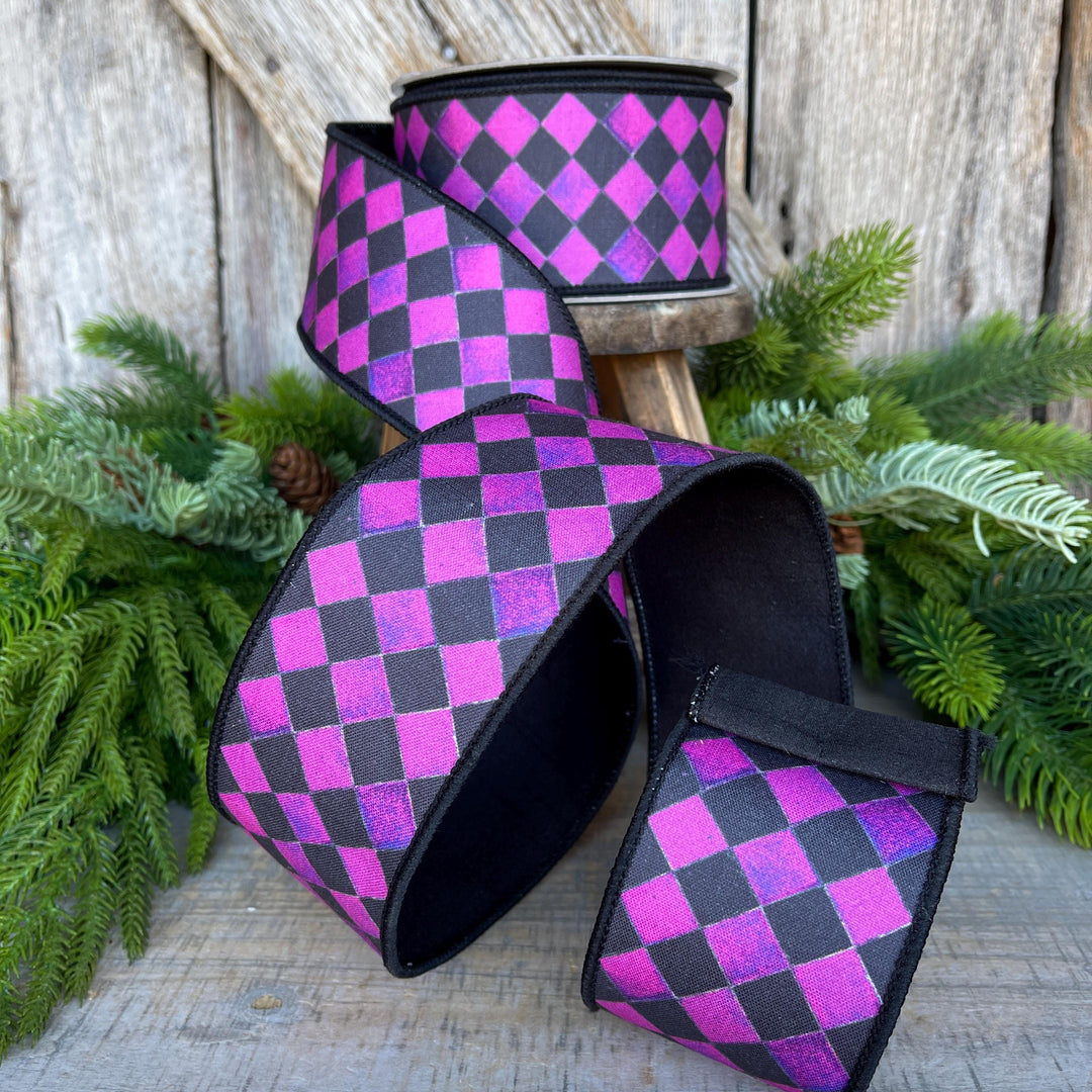 2.5" Purple Harlequin Ribbon, Farrisilk Ribbon, Purple Sketch Checks