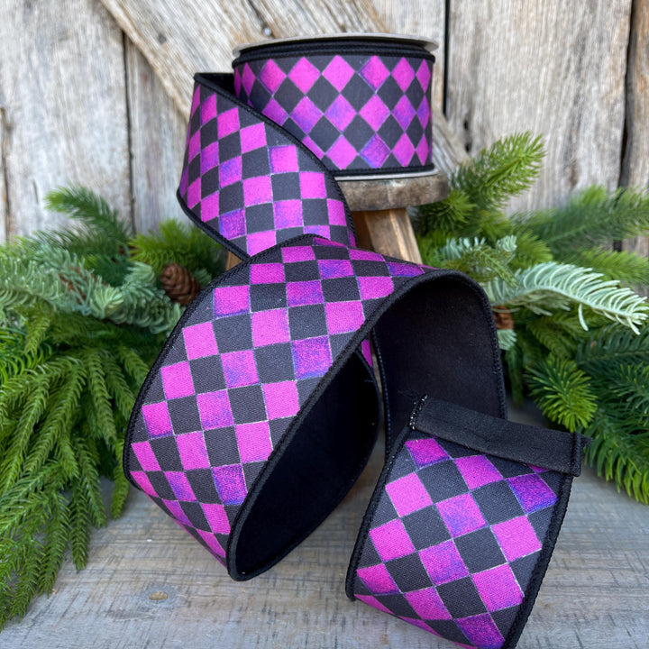 2.5" Purple Harlequin Ribbon, Farrisilk Ribbon, Purple Sketch Checks