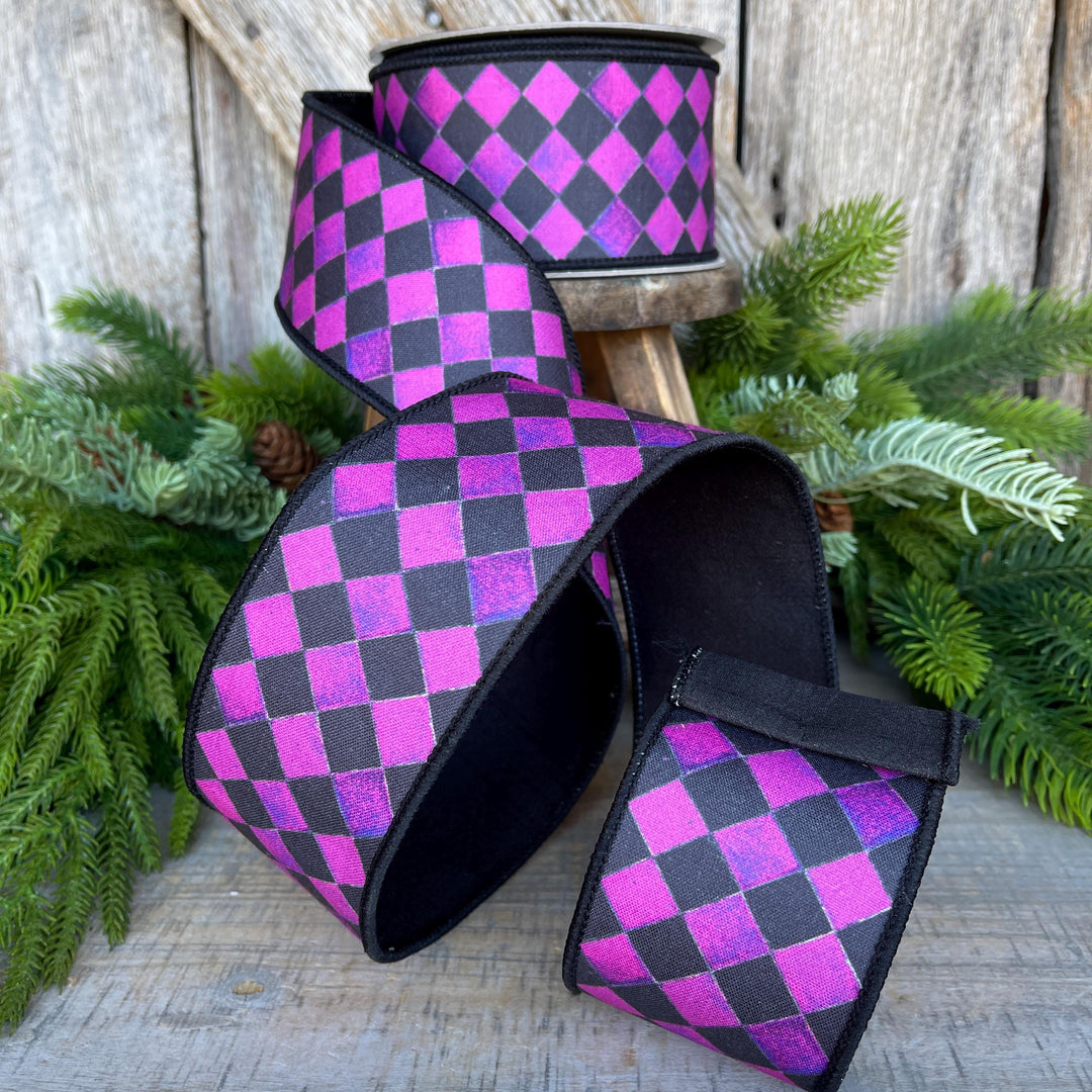 2.5" Purple Harlequin Ribbon, Farrisilk Ribbon, Purple Sketch Checks
