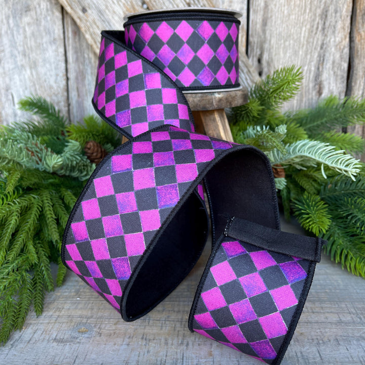 2.5" Purple Harlequin Ribbon, Farrisilk Ribbon, Purple Sketch Checks
