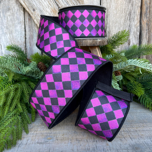 2.5" Purple Harlequin Ribbon, Farrisilk Ribbon, Purple Sketch Checks, Halloween Ribbon, Wired RIbbon,Designer Ribbon, HR044-27