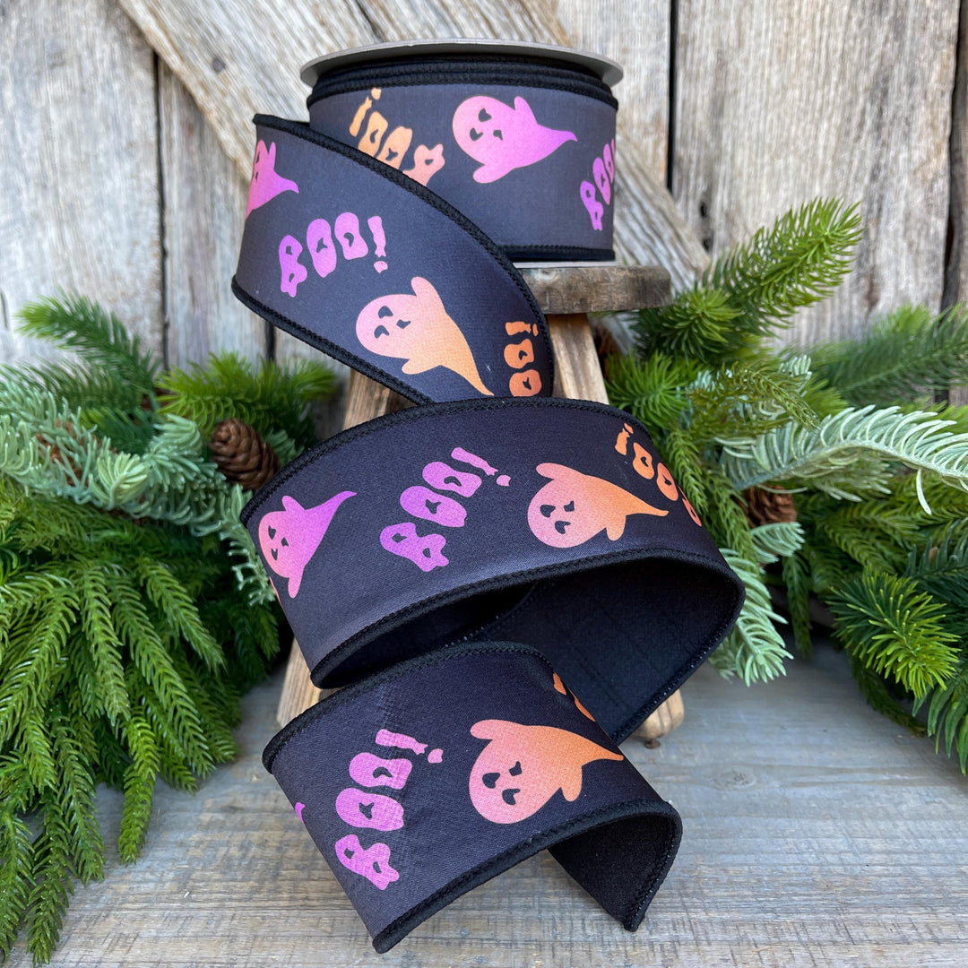 2.5" Boo Halloween Ribbon, Farrisilk Ribbon, Wired Ribbon