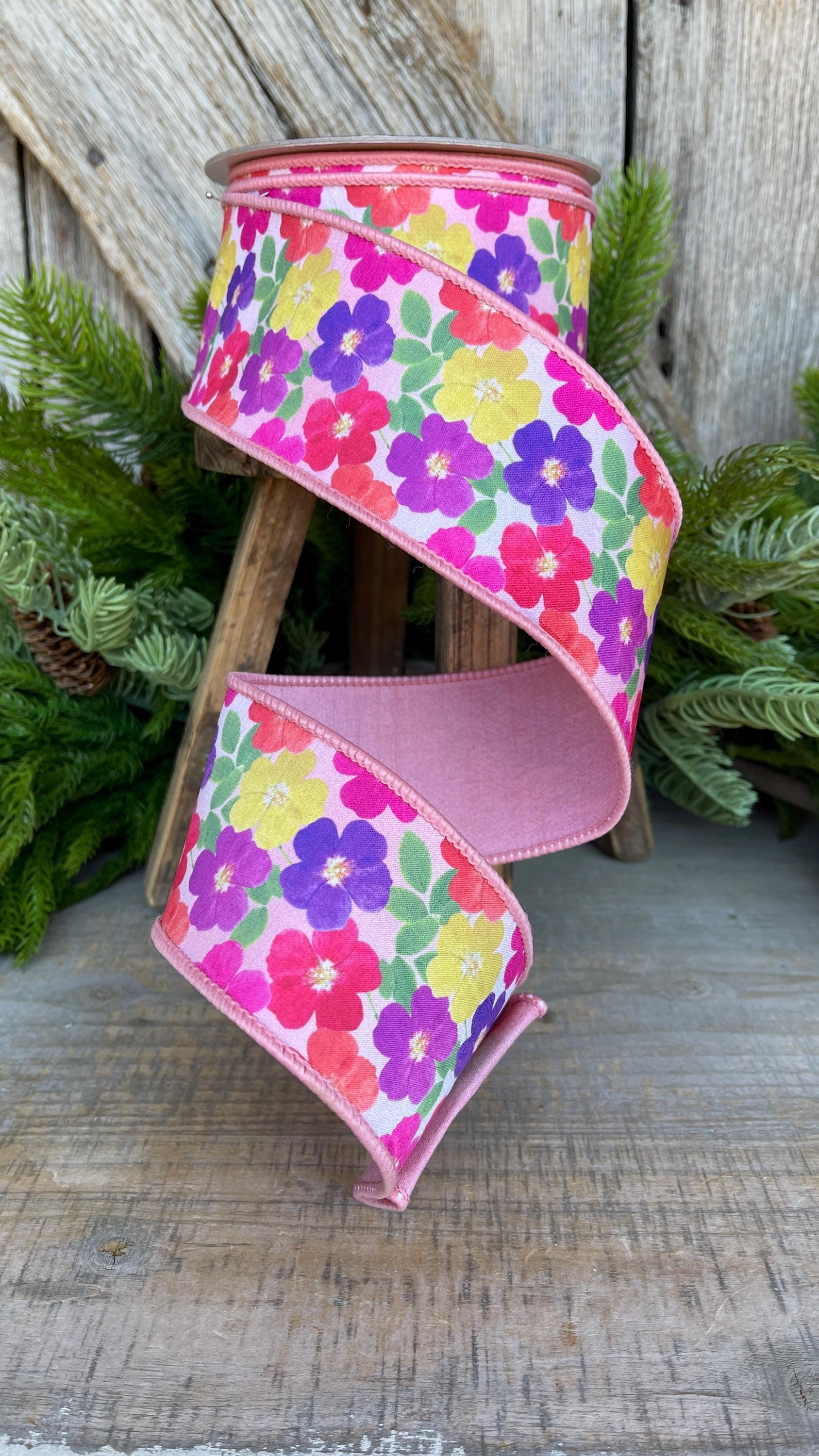 2.5" Pink Floral Ribbon, Farrisilk Ribbon, Petal Parchment