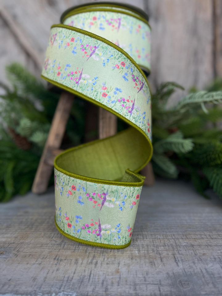 2.5" Green Wildflowers Ribbon, Farrisilk Ribbon, Floral Ribbon
