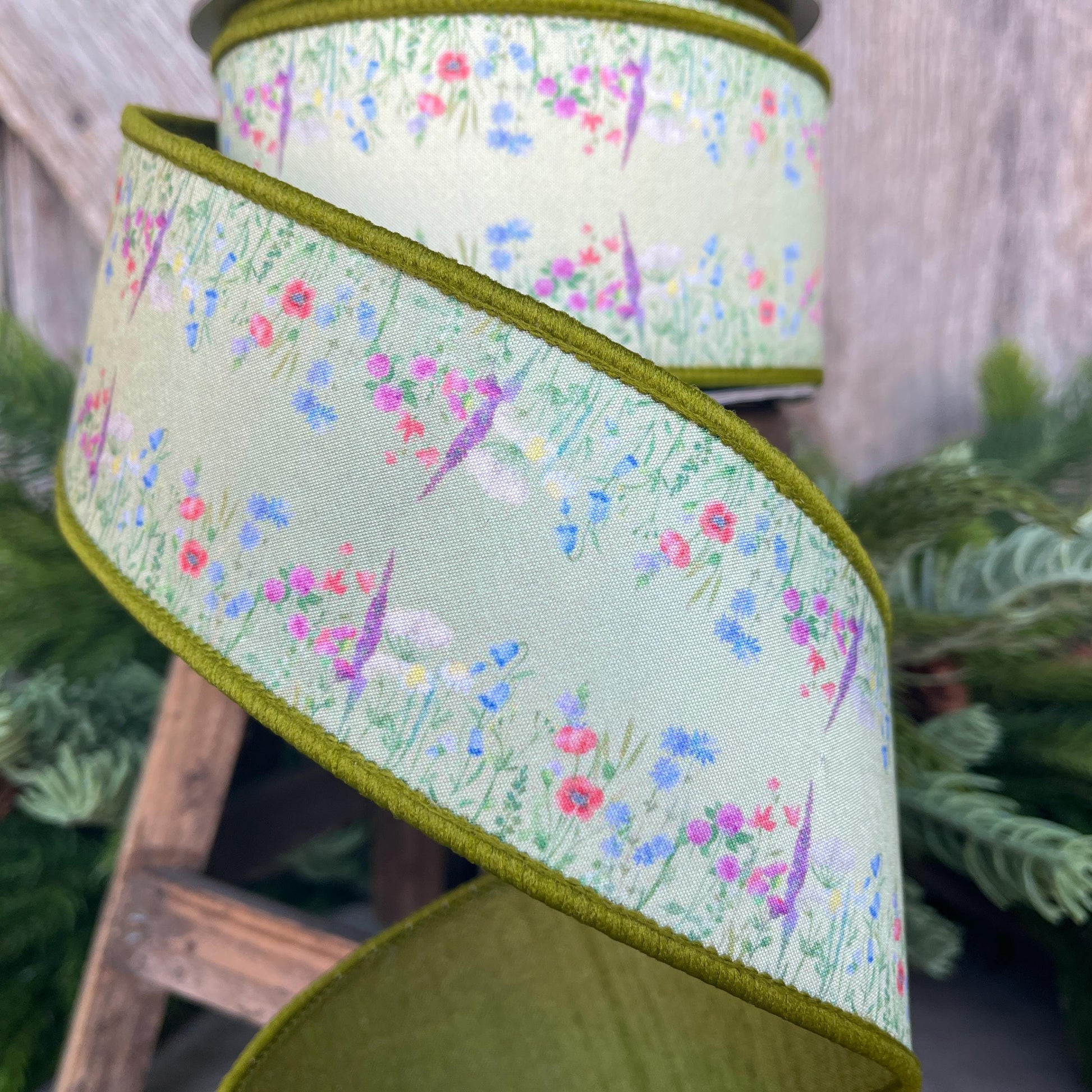 2.5" Green Wildflowers Ribbon, Farrisilk Ribbon, Floral Ribbon, Spring Ribbon, Summer Ribbon, SR029-12