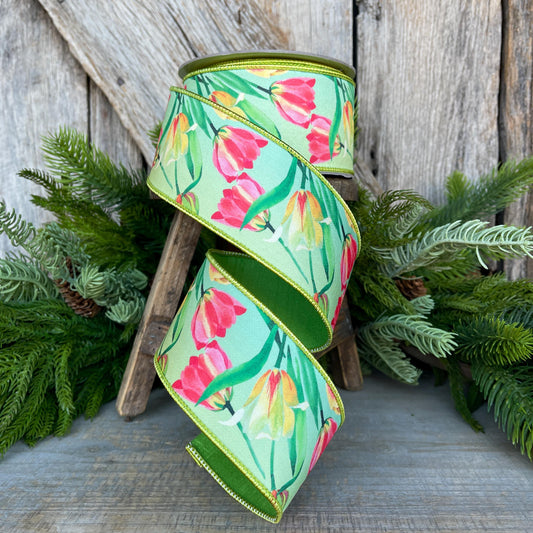 2.5" Tulip Ribbon, Wired Ribbon, Farrisilk Ribbon, Spring Tulip Ribbon, Green Tulip Ribbon, Designer Ribbon, SR063-32