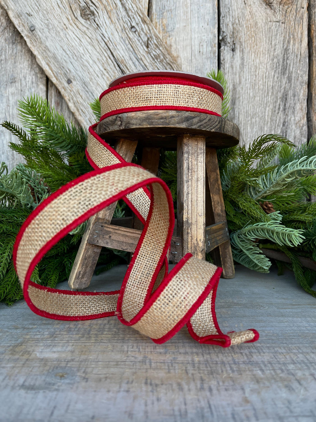 1" Red Burlap Accent Ribbon, Farrisilk Ribbon, Wired Ribbon