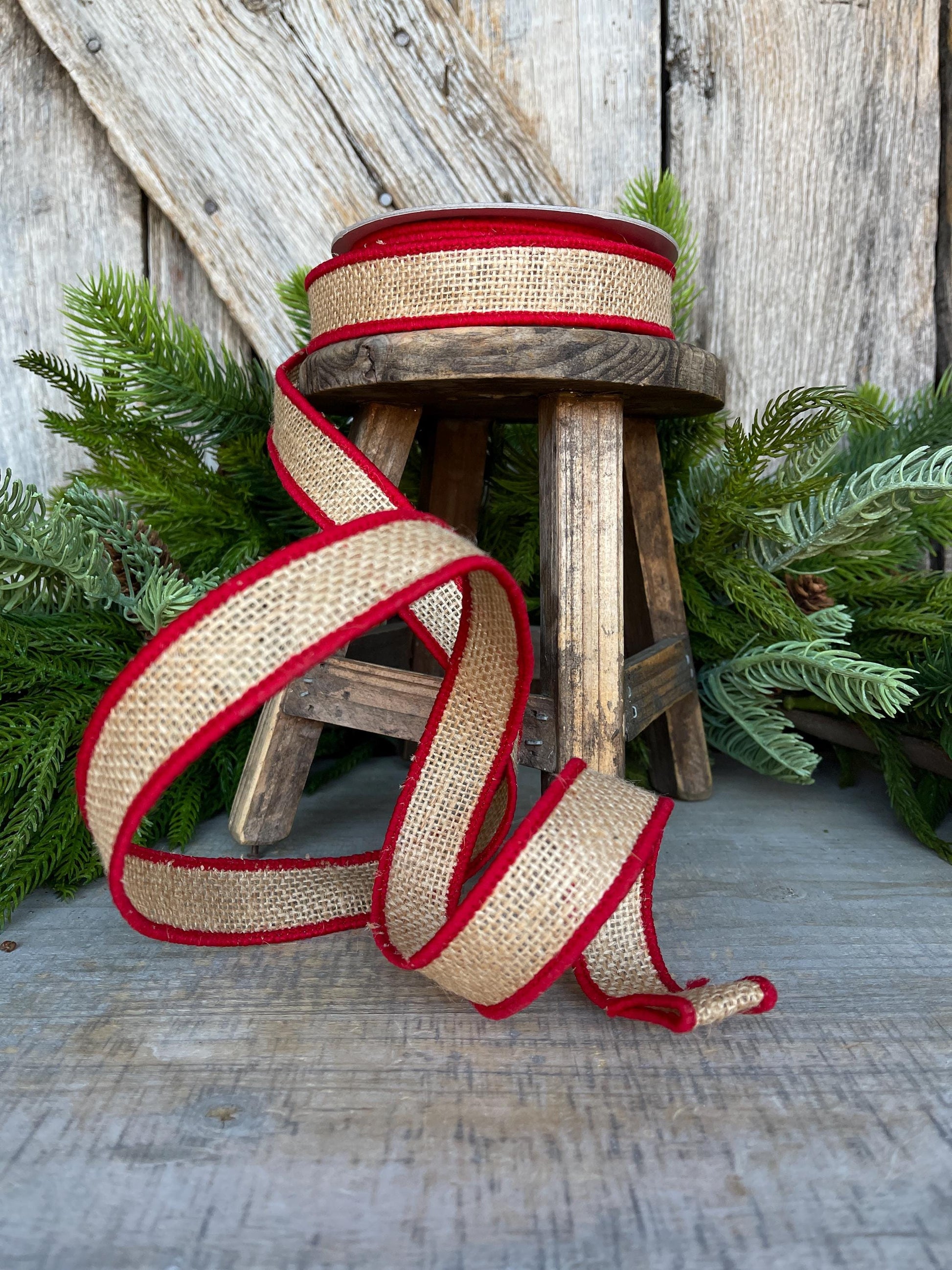 1" Red Burlap Accent Ribbon, Farrisilk Ribbon, Wired Ribbon, Burlap Ribbon, Designer Ribbon, SR096-02