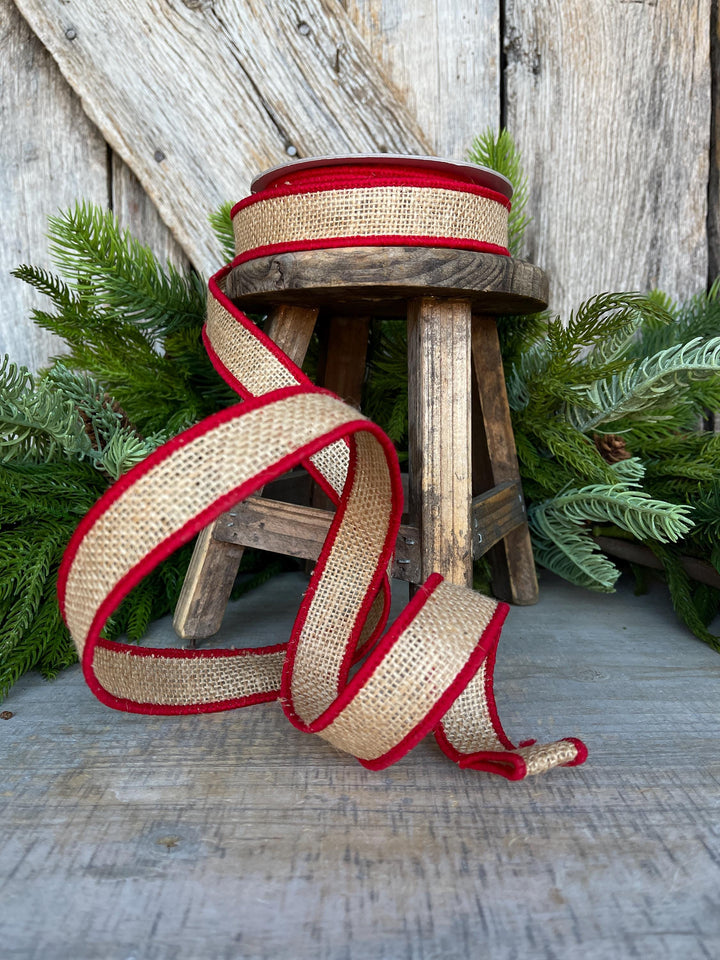 1" Red Burlap Accent Ribbon, Farrisilk Ribbon, Wired Ribbon