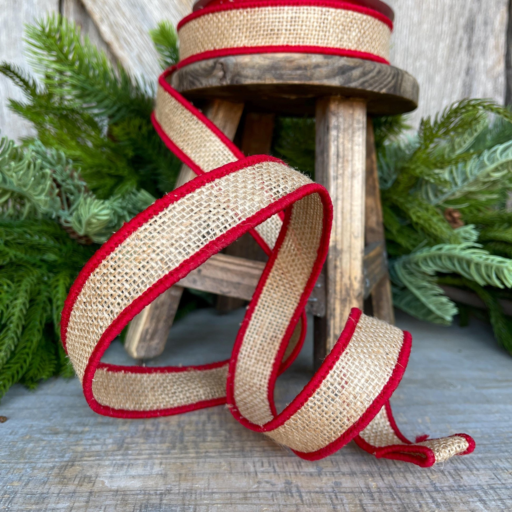 1" Red Burlap Accent Ribbon, Farrisilk Ribbon, Wired Ribbon, Burlap Ribbon, Designer Ribbon, SR096-02