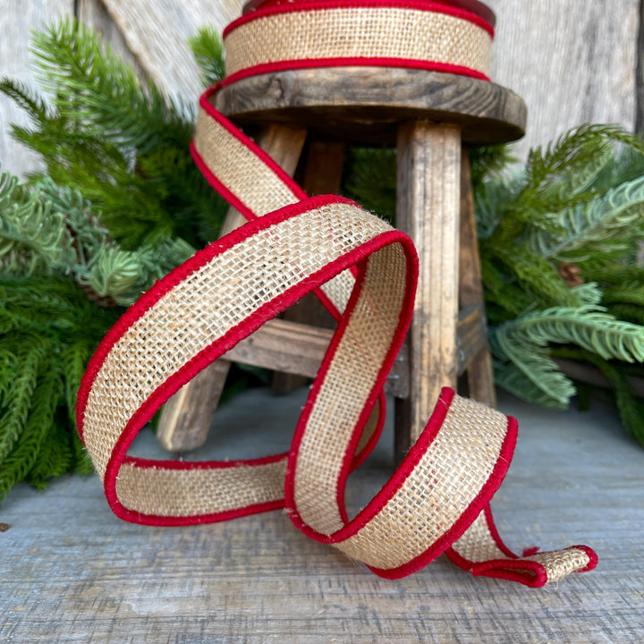 1" Red Burlap Accent Ribbon, Farrisilk Ribbon, Wired Ribbon