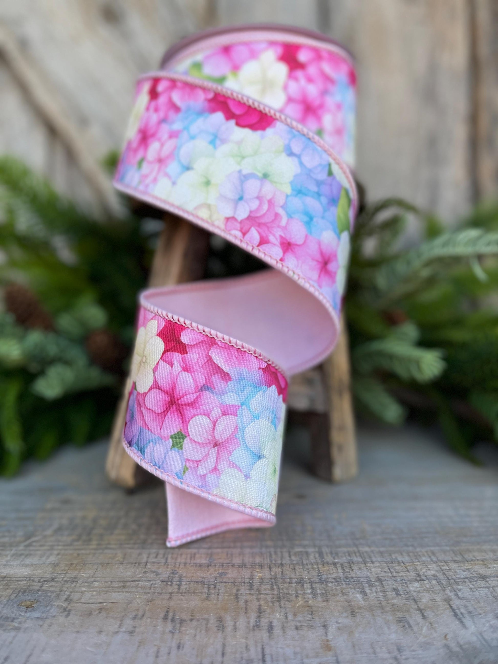 2.5" Hydrangea Ribbon, Farrisilk Ribbon, Spring Ribbon, Floral Ribbon, Wired Ribbon, Easter Ribbon, Pink, SR034-32