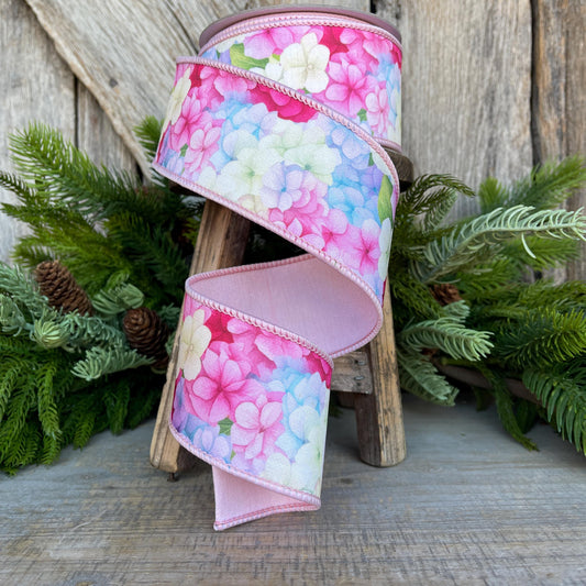 2.5" Hydrangea Ribbon, Farrisilk Ribbon, Spring Ribbon, Floral Ribbon, Wired Ribbon, Easter Ribbon, Pink, SR034-32