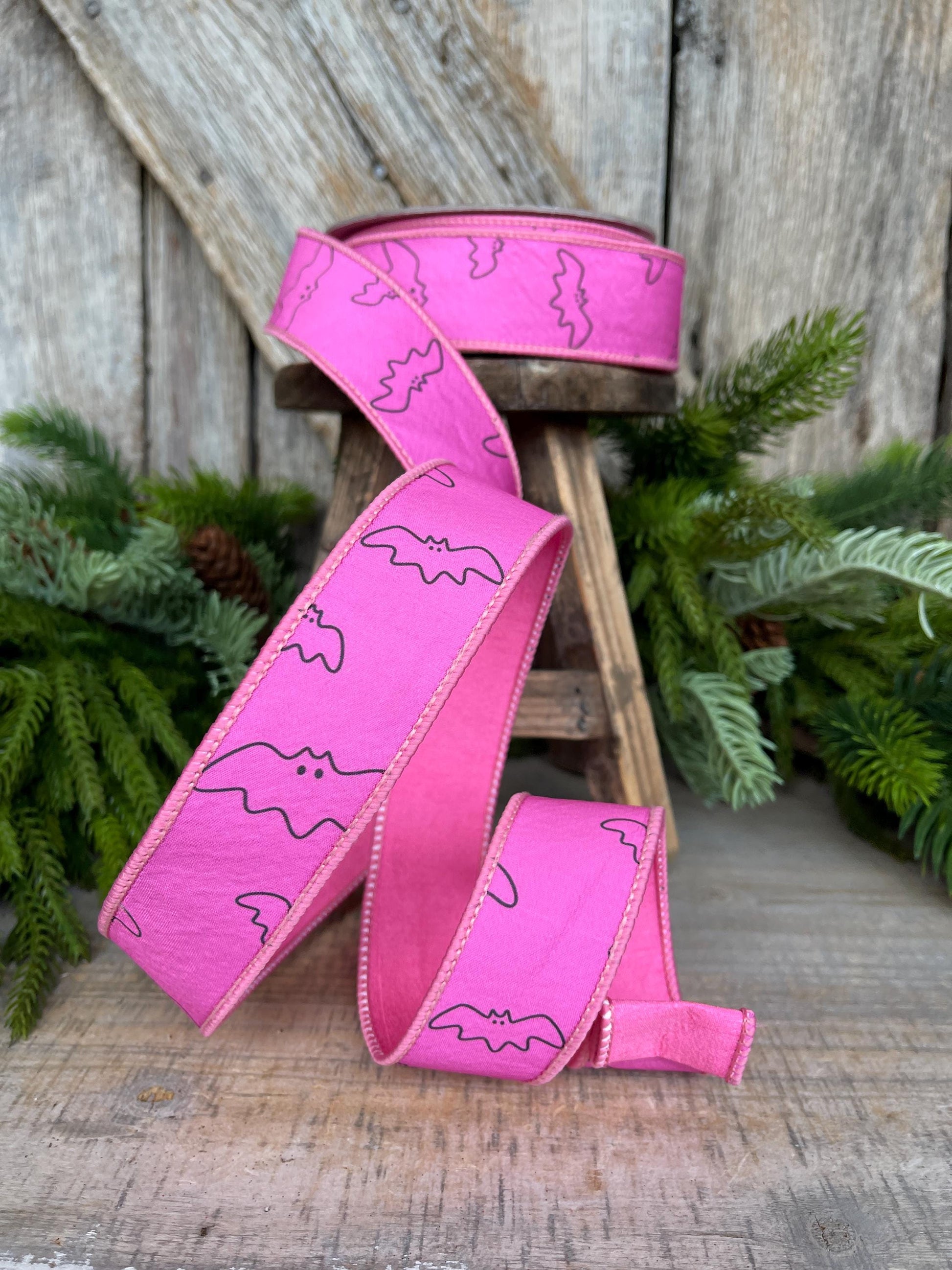 1.5" Pink Bat Ribbon, Farrisilk Ribbon, Halloween Ribbon, Pink Halloween Ribbon, Pink and Black Halloween Ribbon, Wired Ribbon, HR051-08
