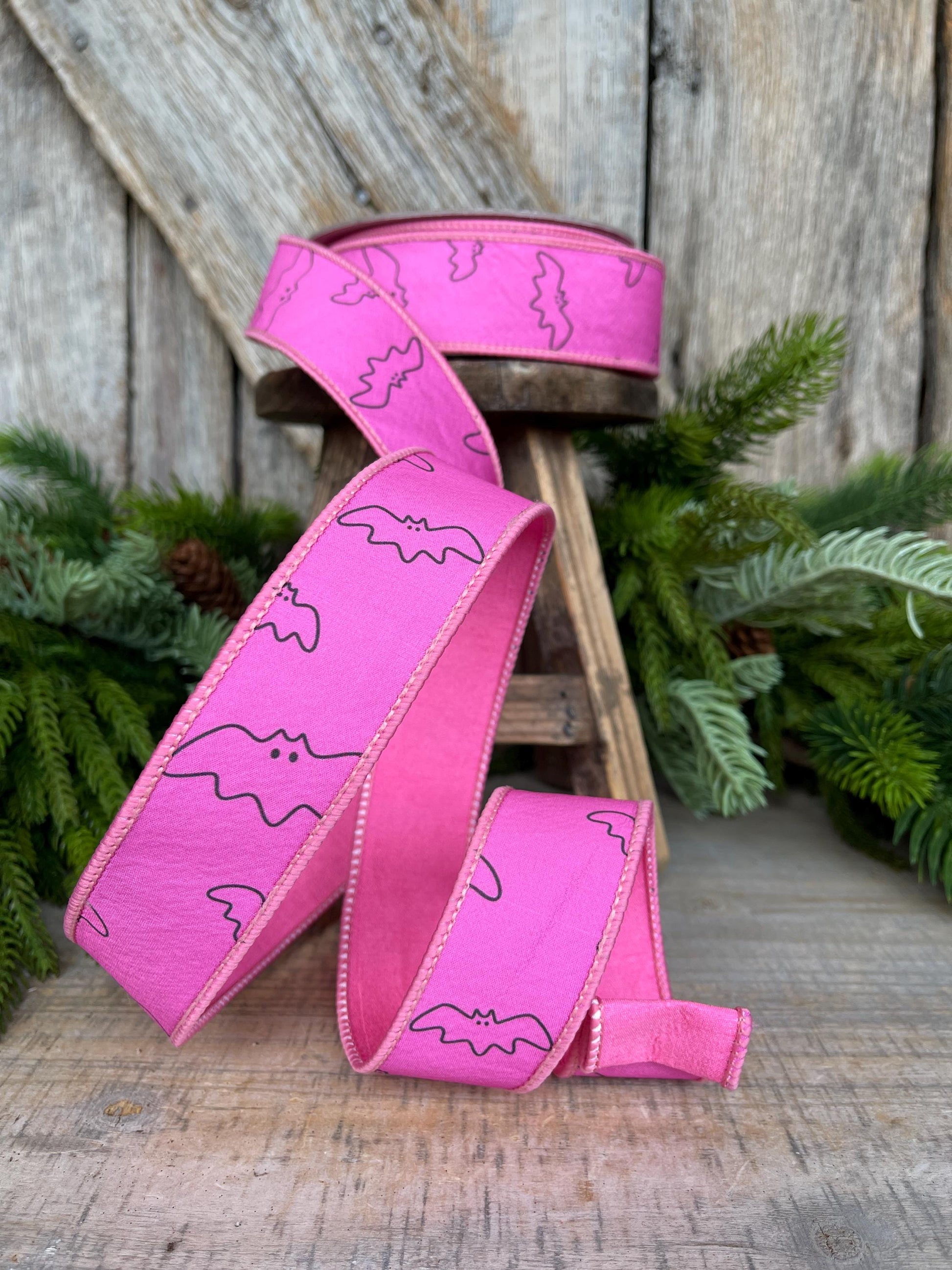 1.5" Pink Bat Ribbon, Farrisilk Ribbon, Halloween Ribbon, Pink Halloween Ribbon, Pink and Black Halloween Ribbon, Wired Ribbon, HR051-08