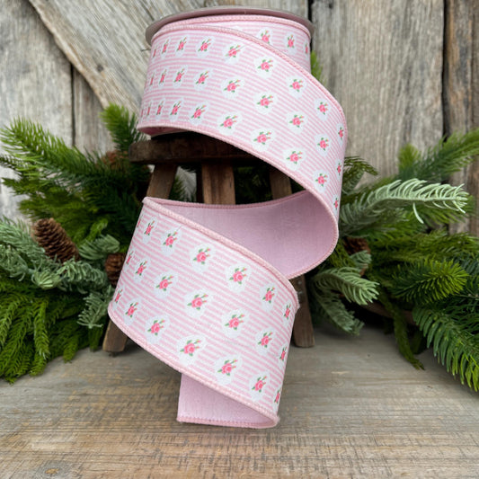 2.5" Pink rose ribbon, farrisilk ribbon, wired ribbon, rose ribbon, pink ribbon, wreath supply, victorian heart ribbon, light pink, SR021-14
