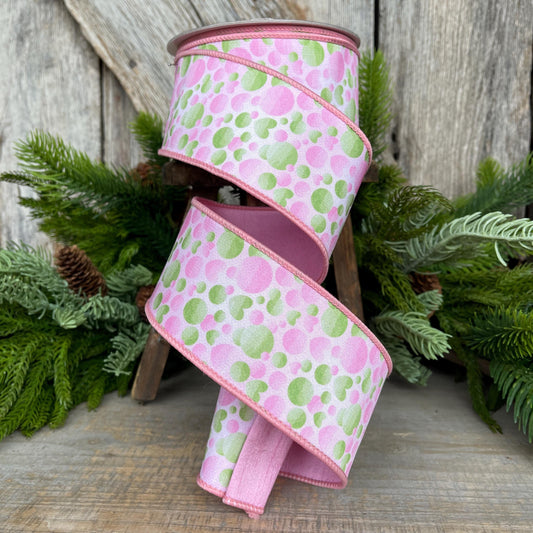 2.5" Pink Green Bubble Ribbon, Farrisilk Ribbon, Wired Ribbon, Love Bubbles Ribbon, Light Pink Green Ribbon, Spring Ribbon, SR054-32