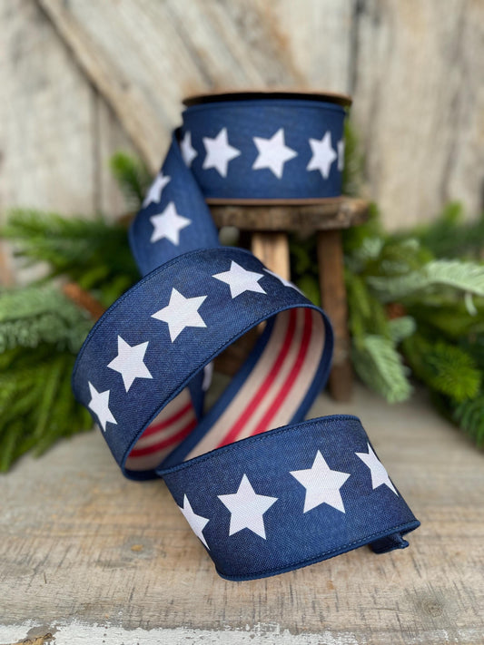 2.5" Patriotic Wired Ribbon, Blue Stars Tea-Stained Red Stripes, Americana Ribbon, Rustic 4th of July Decor, 9556W-032-63C