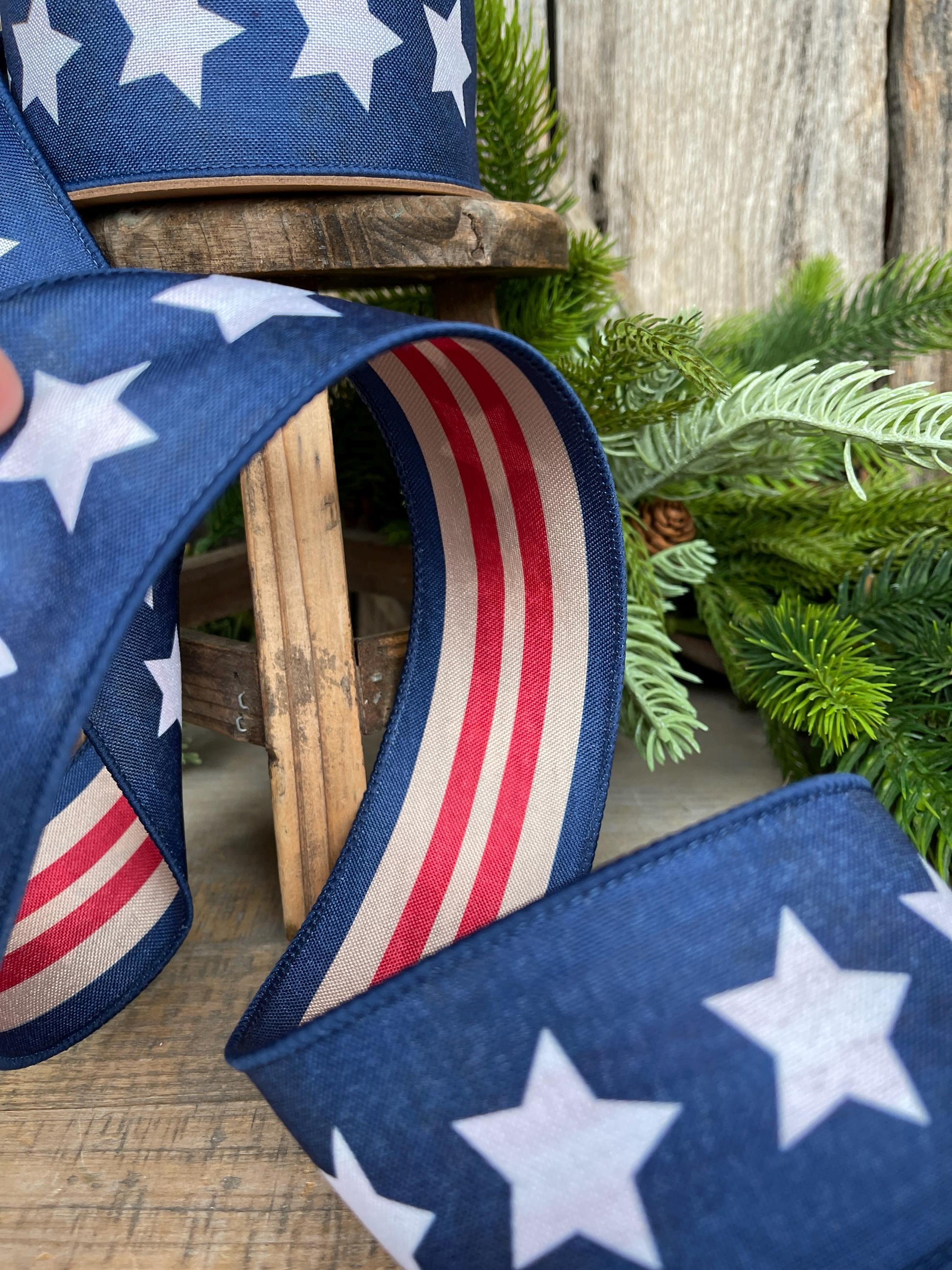 2.5" Patriotic Wired Ribbon, Blue Stars Tea-Stained Red Stripes, Americana Ribbon, Rustic 4th of July Decor, 9556W-032-63C