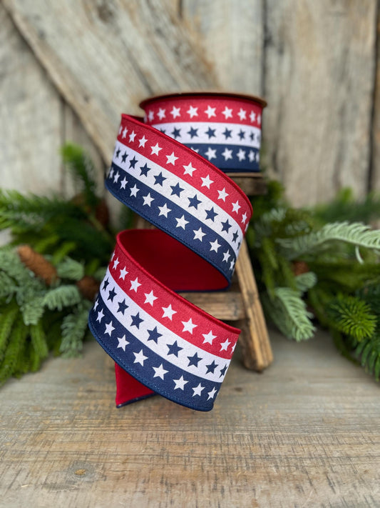 2.5" Patriotic Wired Ribbon, Stars and Stripe Ribbon, American Ribbon, USA Ribbon, 4th of July RIbbon, Ribbon for bows, Wreath supply