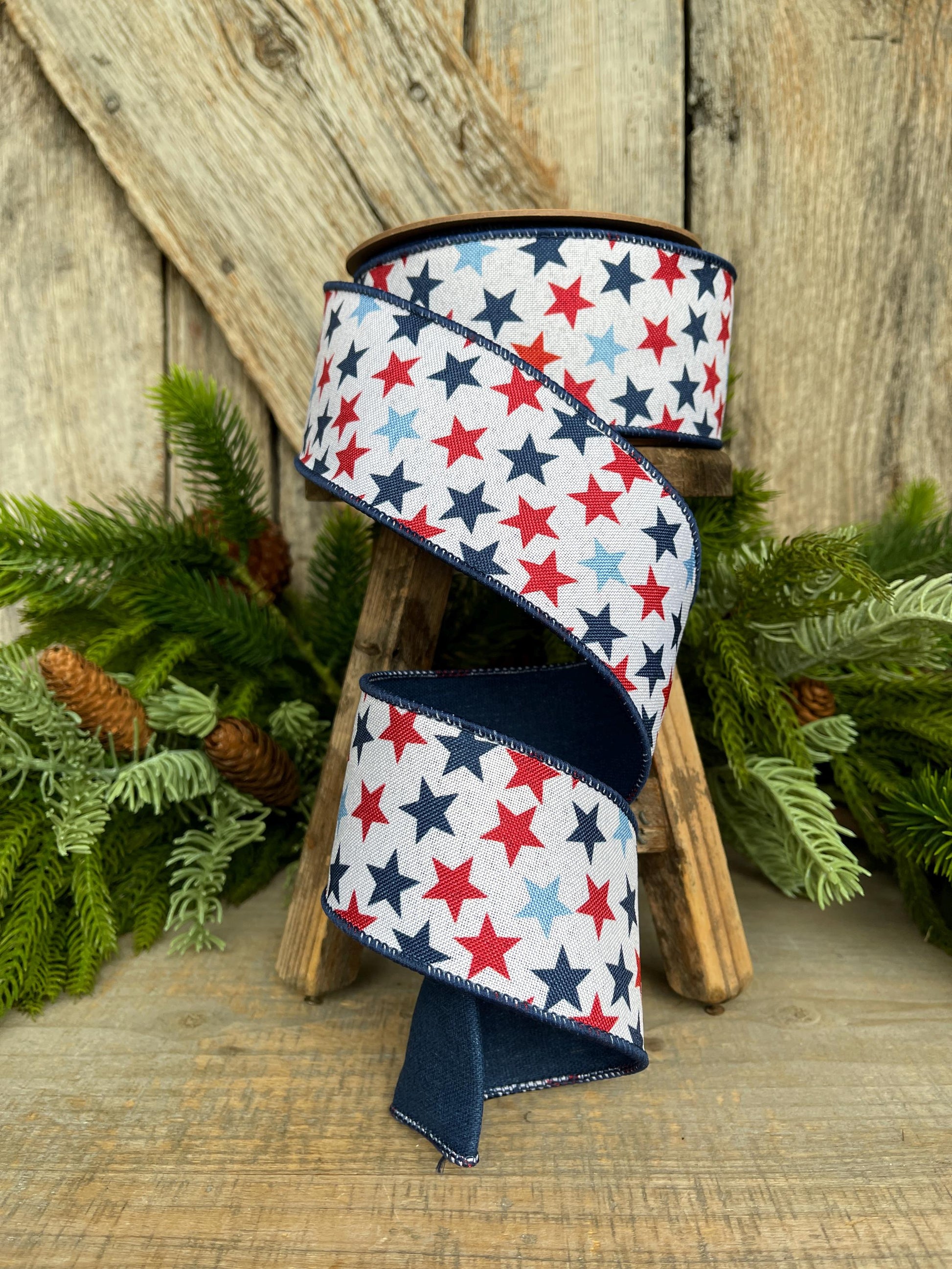 2.5" Patriotic Ribbon, Wired Ribbon, Stars Ribbon, Americana Ribbon, USA Ribbon, 4th of July RIbbon, Ribbon for bows, Wreath supply