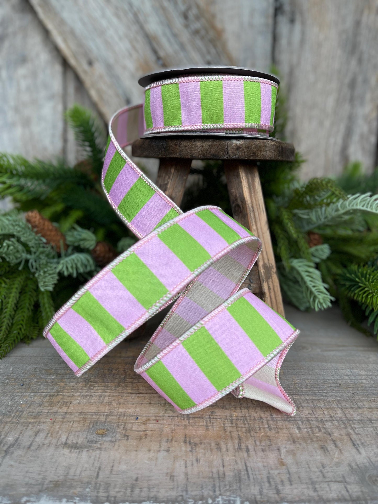 1.5" Pink Green Stripe Ribbon, Wired RIbbon, Pink Wired RIbbon
