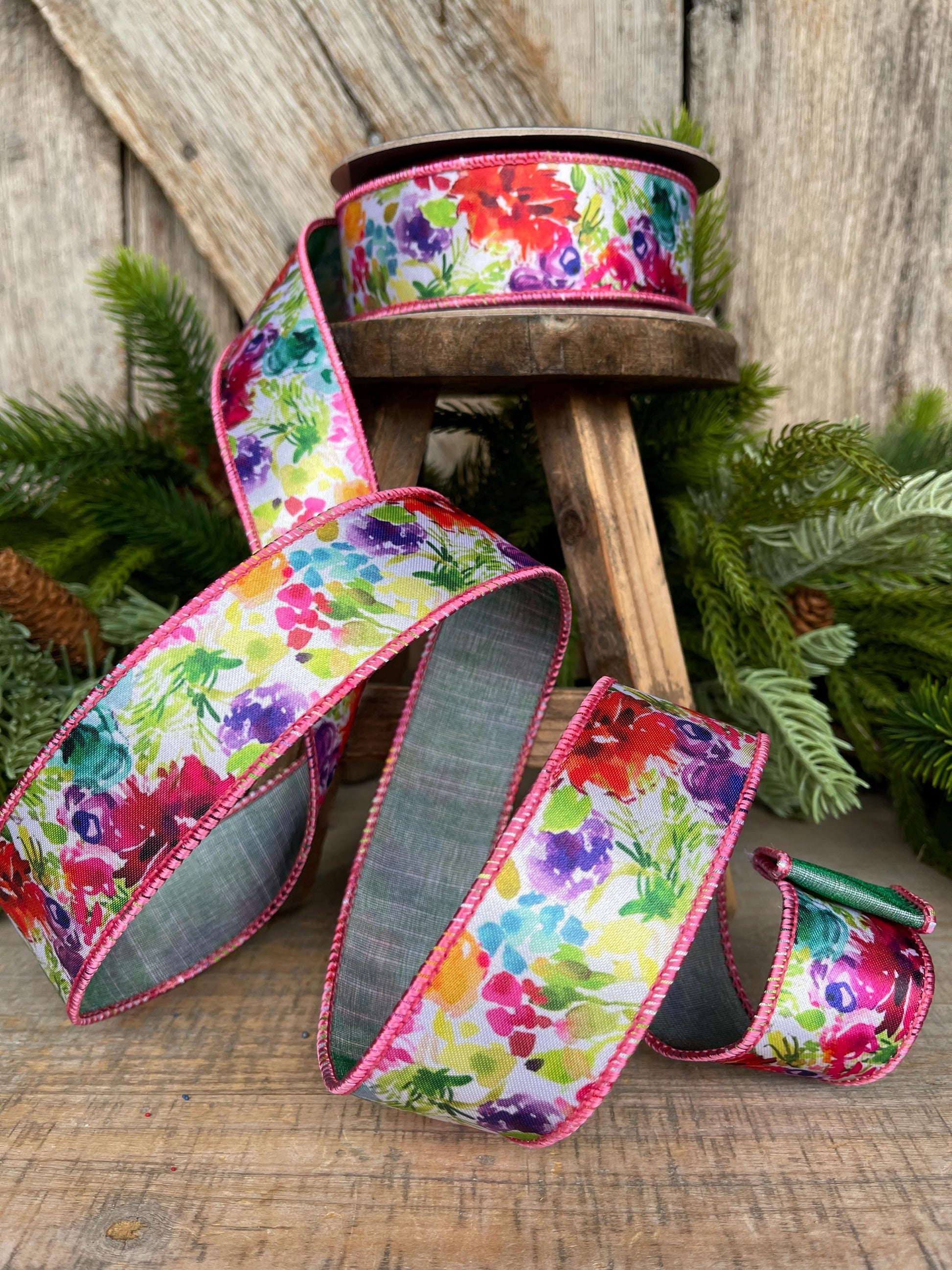 1.5" Floral Ribbon, wired Ribbon, Spring Ribbon, Summer Ribbon, Pink Floral Ribbon, Designer Ribbon, 94546W-001-09F