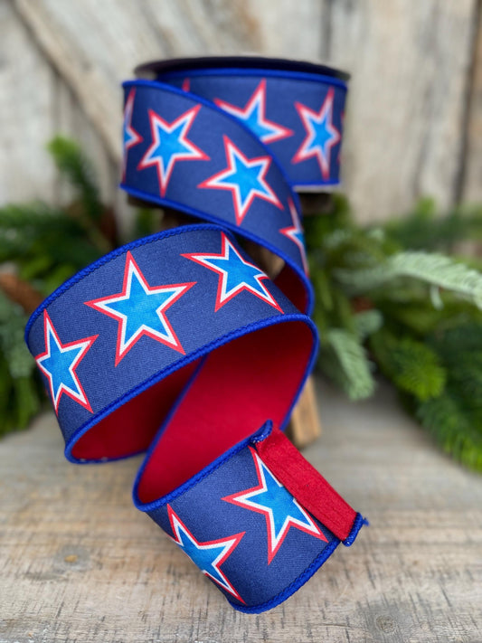 2.5" Liberty Stars Ribbon, Farrisilk Ribbon, Patriotic Ribbon, Star Ribbon, 4th of July Ribbon, Wired Ribbon, SR074-32