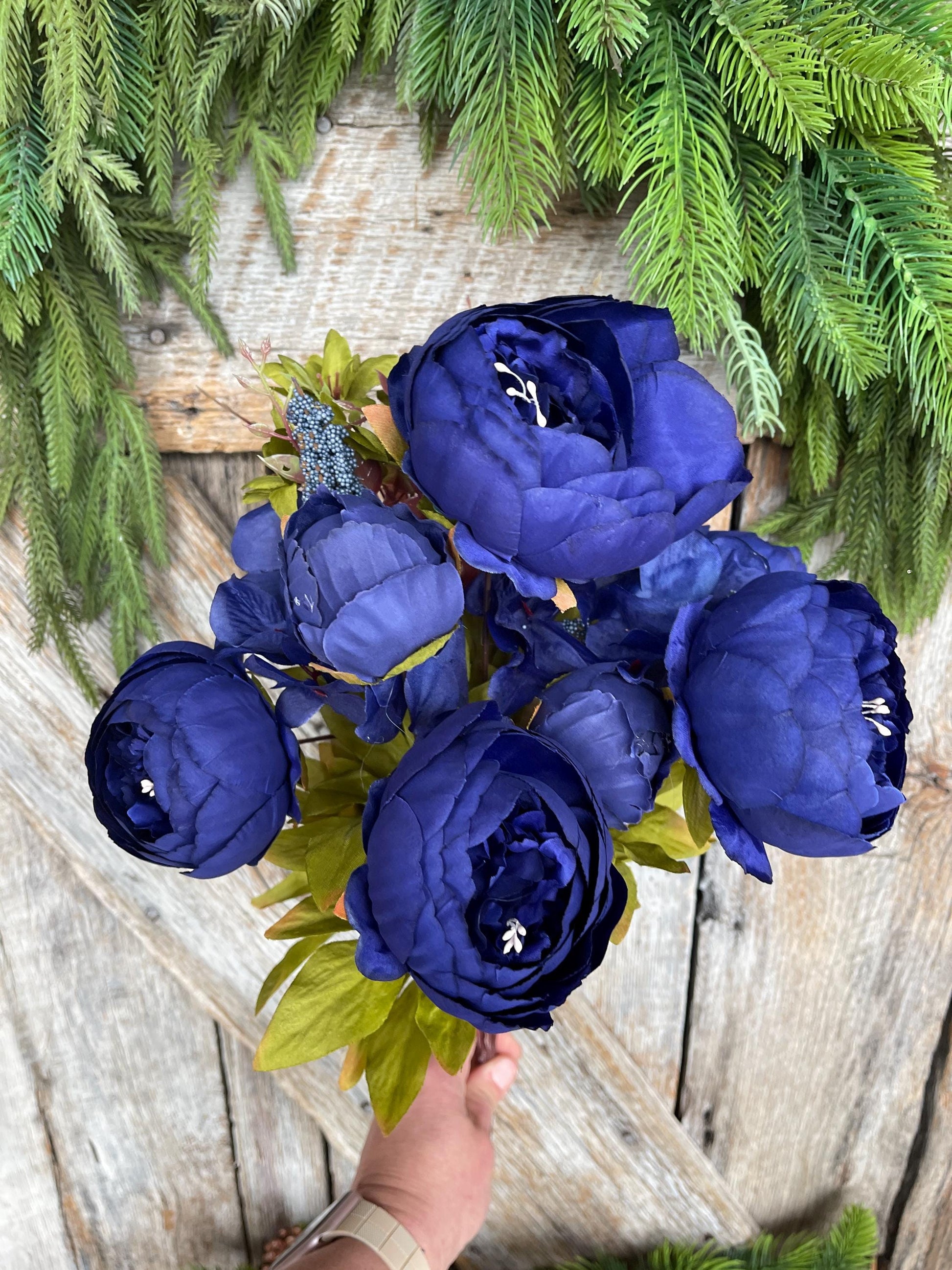 20" Royal Blue Peony Bush, Artificial Peony, Blue Peony Bush