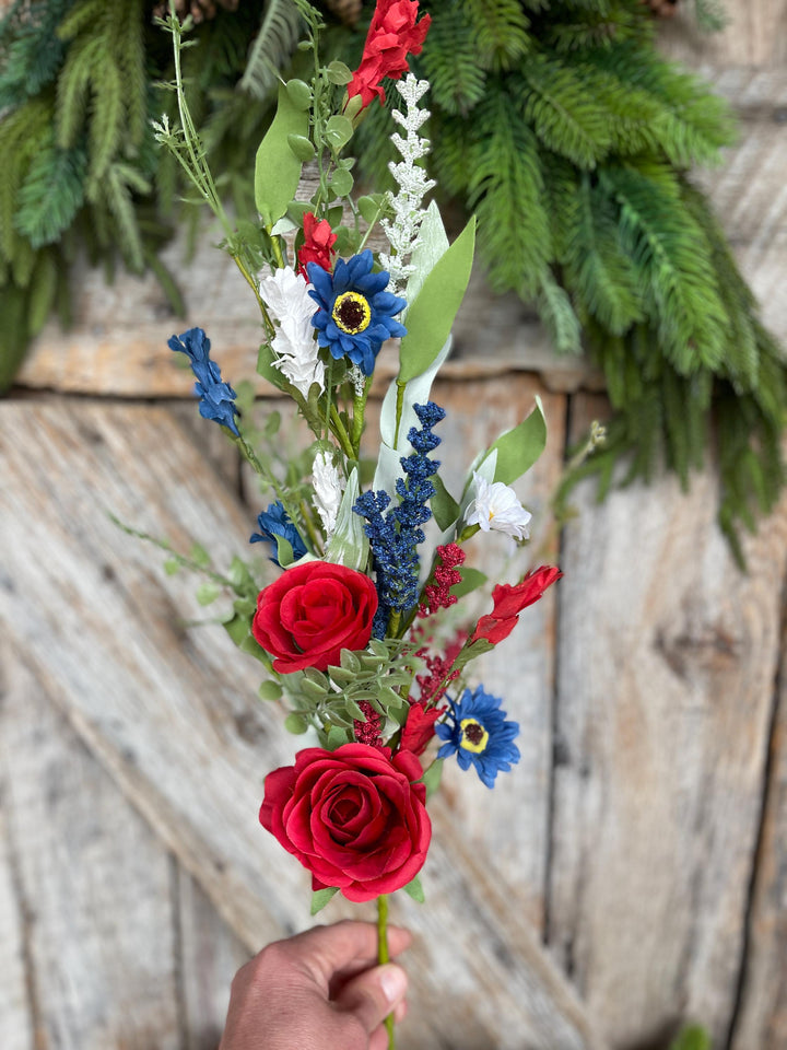 25" Patriotic Rose Spray, Artificial Floral Bush, Red White Blue Floral