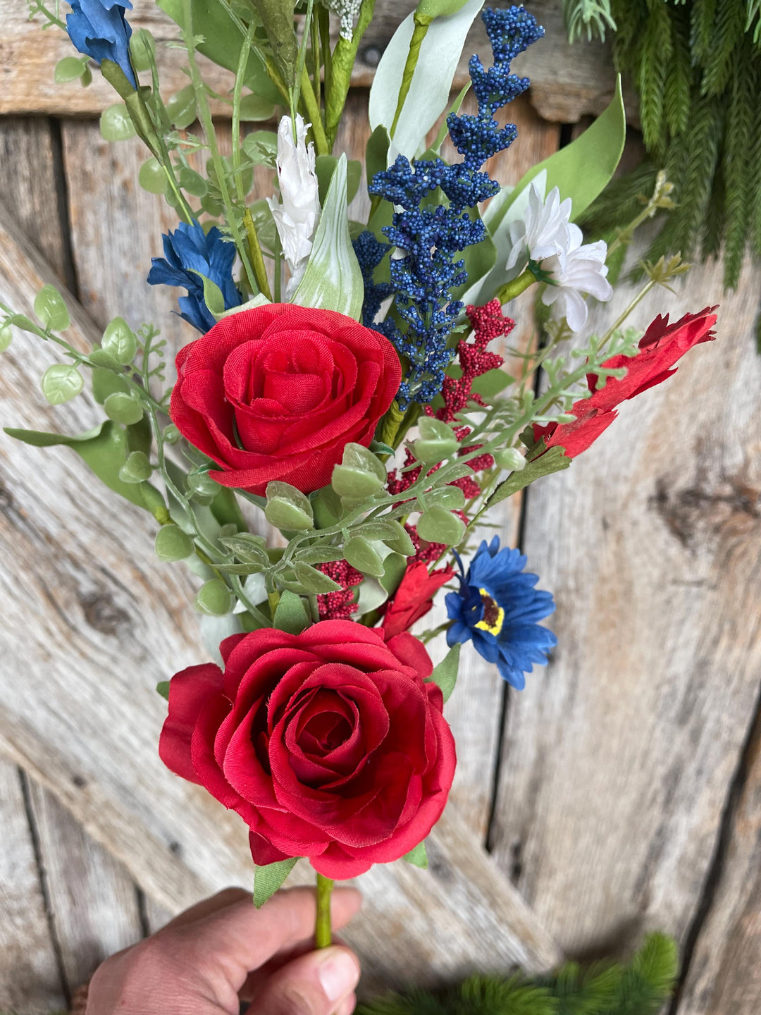 25" Patriotic Rose Spray, Artificial Floral Bush, Red White Blue Floral