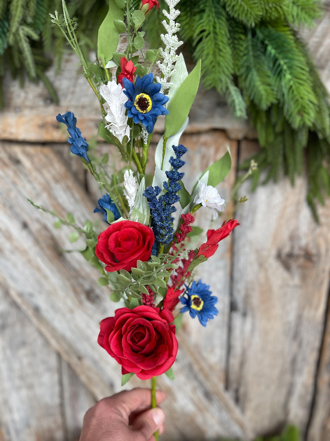25" Patriotic Rose Spray, Artificial Floral Bush, Red White Blue Floral