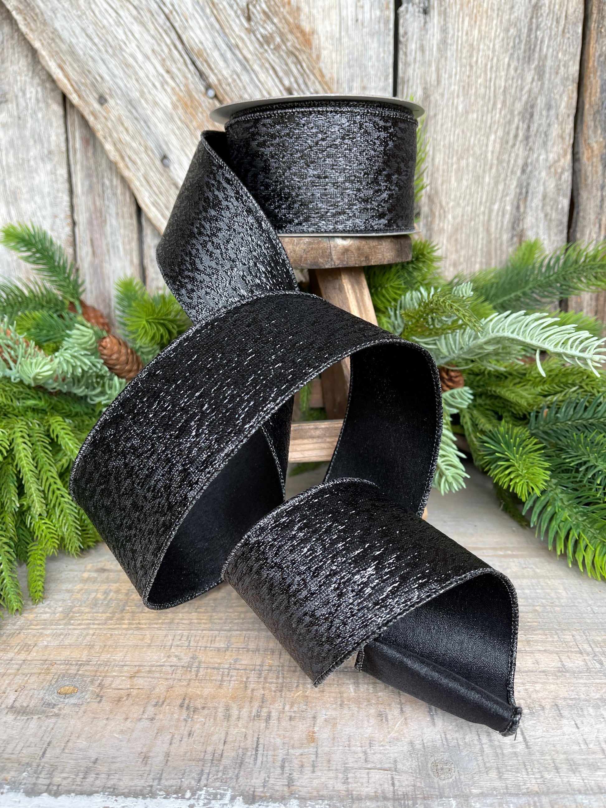 2.5" Black Metalic Tinsel Ribbon, Farrisilk, wired Ribbon, Halloween Ribbon, Black Ribbon, wreath supply, ribbon for bows