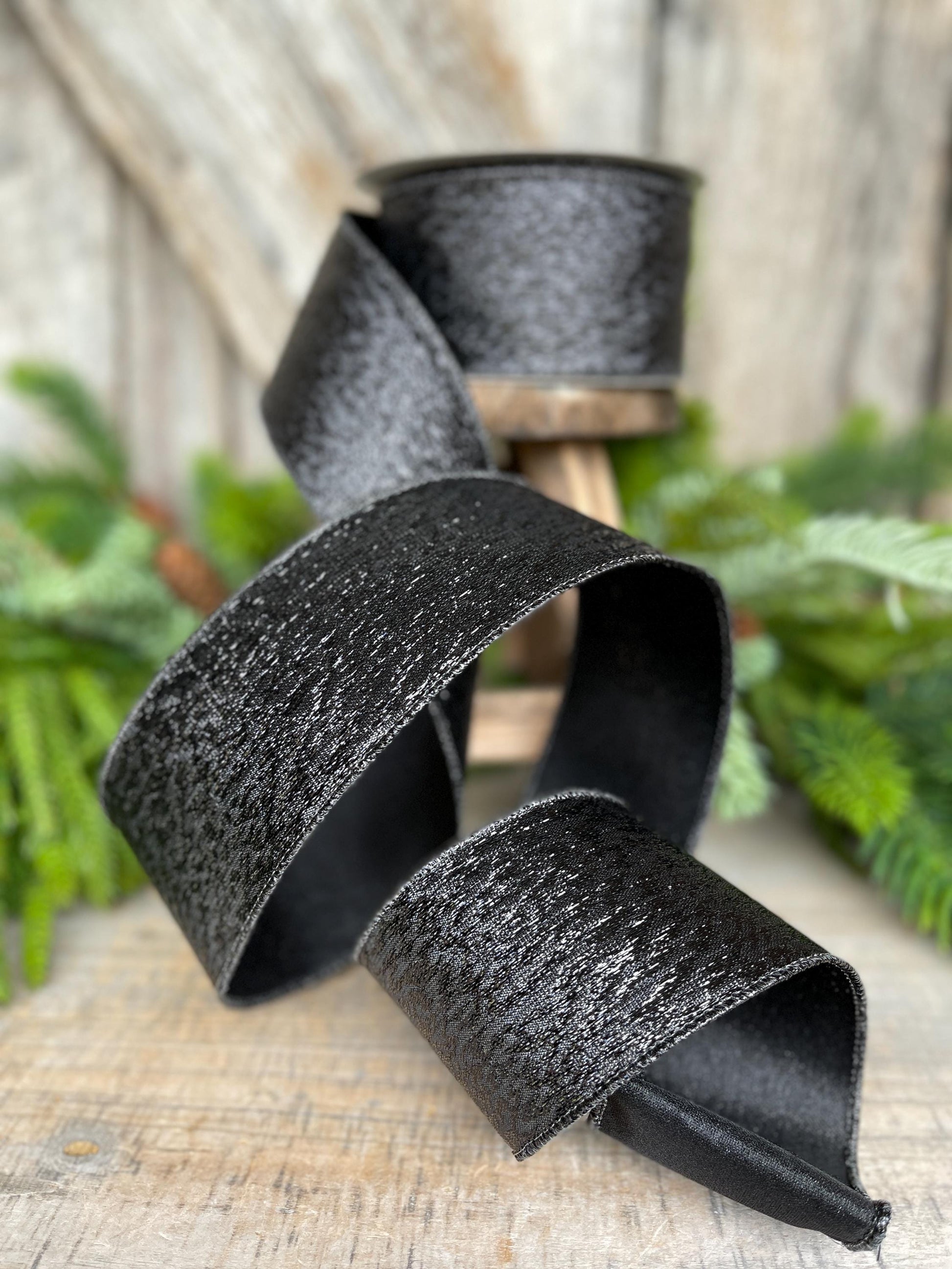 2.5" Black Metalic Tinsel Ribbon, Farrisilk, wired Ribbon, Halloween Ribbon, Black Ribbon, wreath supply, ribbon for bows