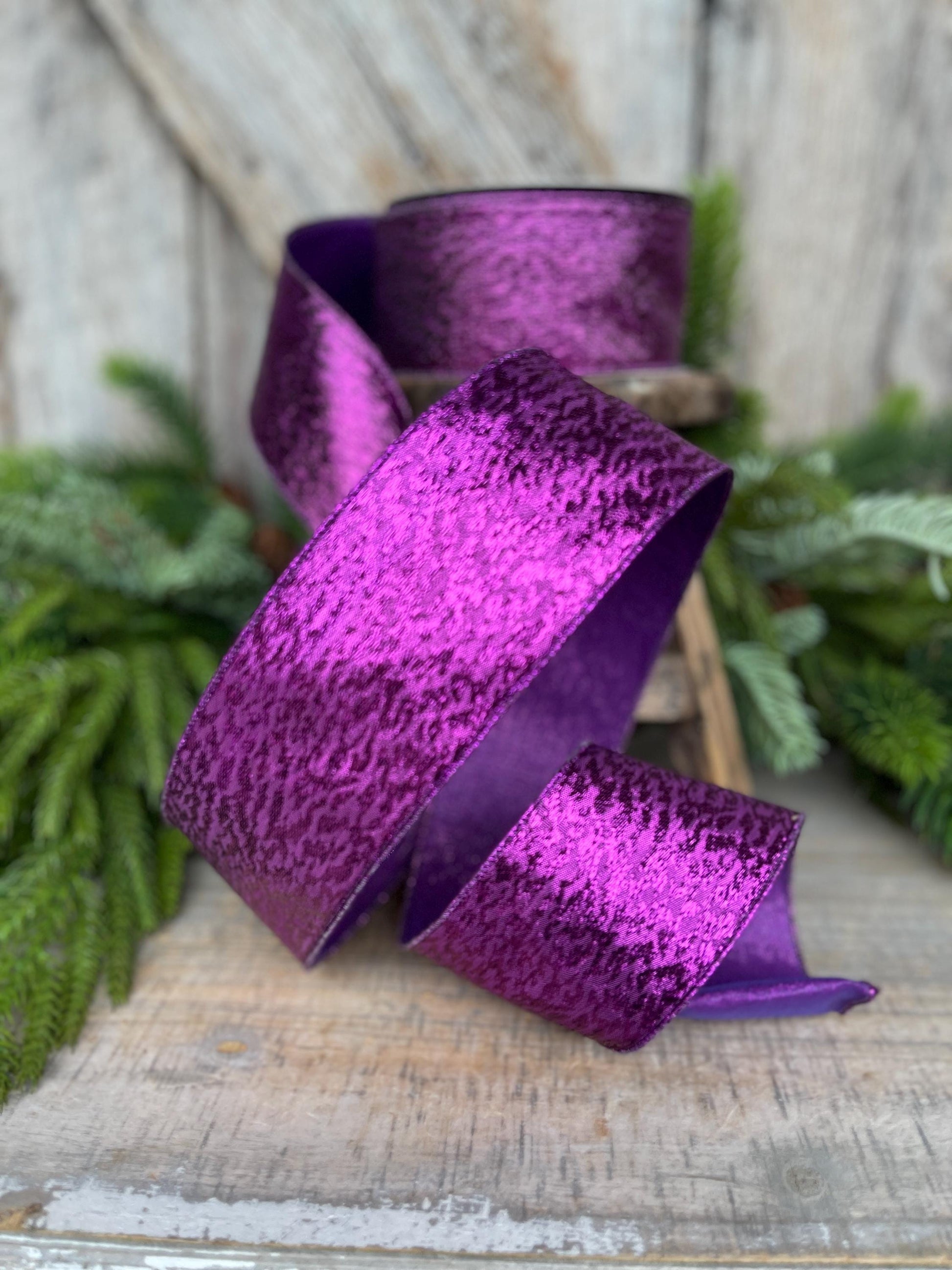 2.5" Purple Metalic Tinsel Ribbon, Farrisilk, wired Ribbon