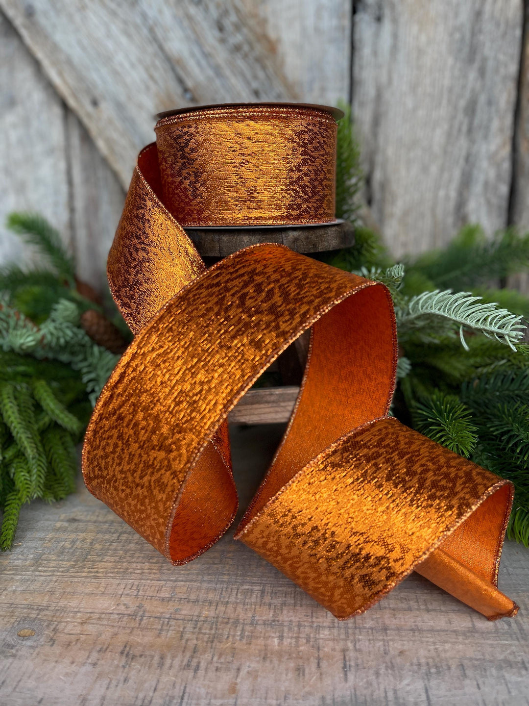 2.5" Orange Metalic Tinsel Ribbon, Farrisilk, wired Ribbon