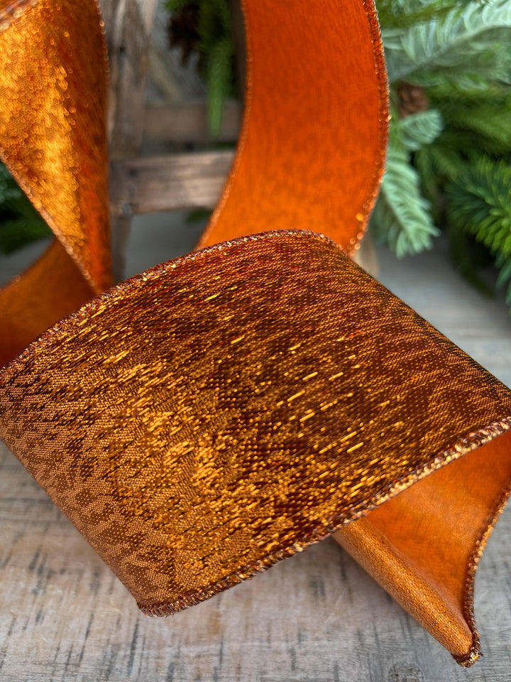 2.5" Orange Metalic Tinsel Ribbon, Farrisilk, wired Ribbon