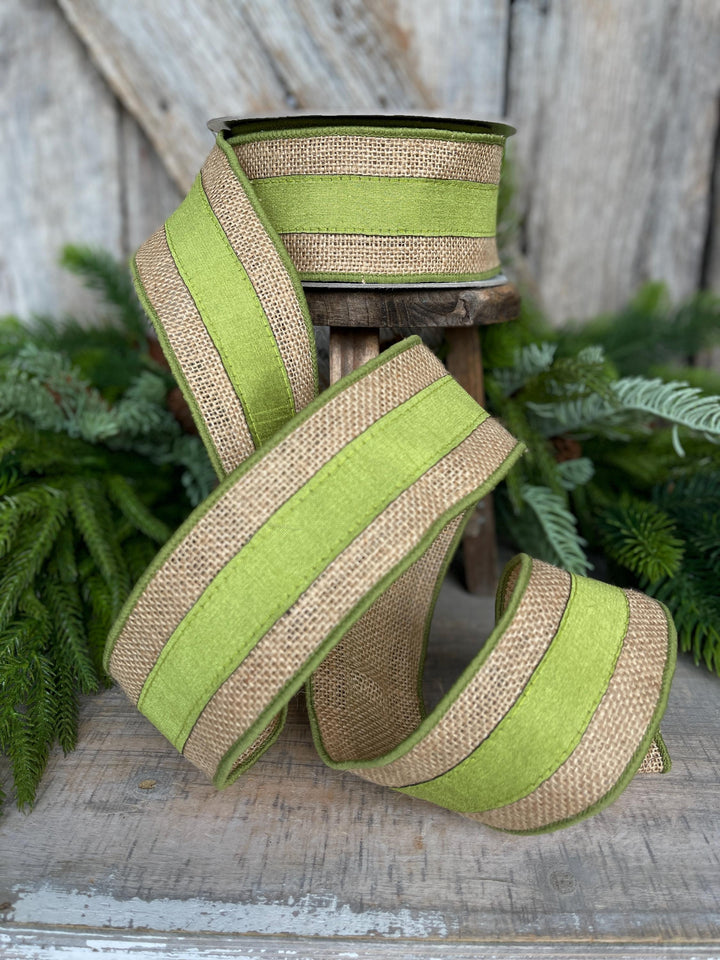 2.5" Green Burlap Border Ribbon, Farrisilk Ribbon, Wired Ribbon