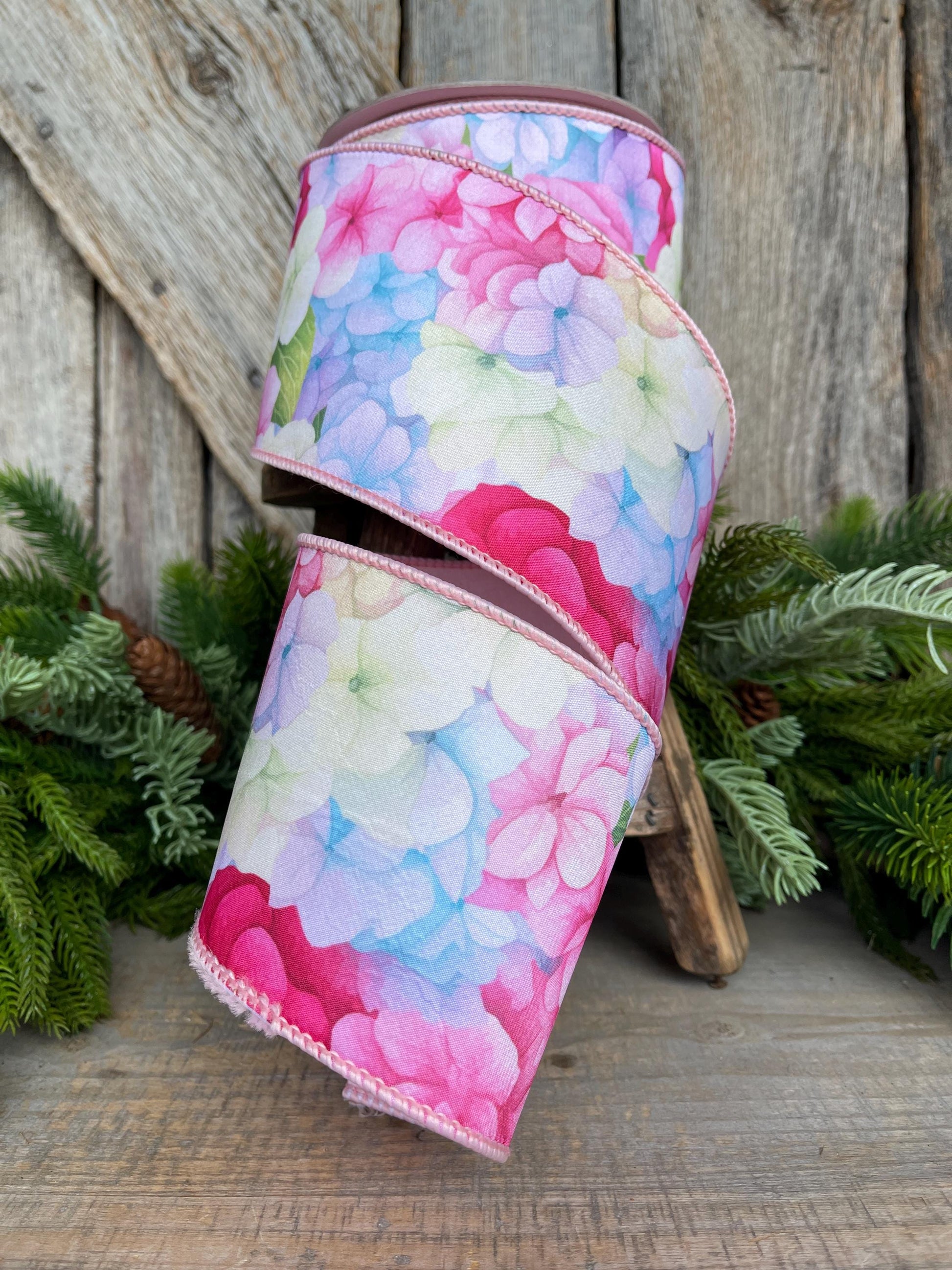 4" Hydrangea Ribbon, Farrisilk Ribbon, Spring Ribbon, Floral Ribbon, Wired Ribbon, Easter Ribbon, Pink, SR035-32